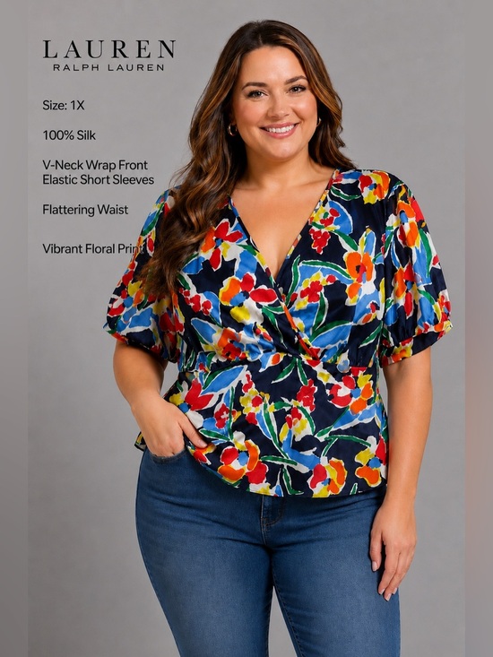 Lauren Ralph Lauren Tops - Lauren Ralph Lauren 100% Silk Floral Wrap Blouse Size 1X Navy Multicolor